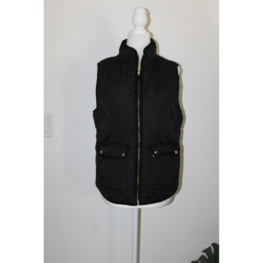 J.Crew Women's Black Quilted Excursion Vest Gold Zip Pockets Small S Preppy